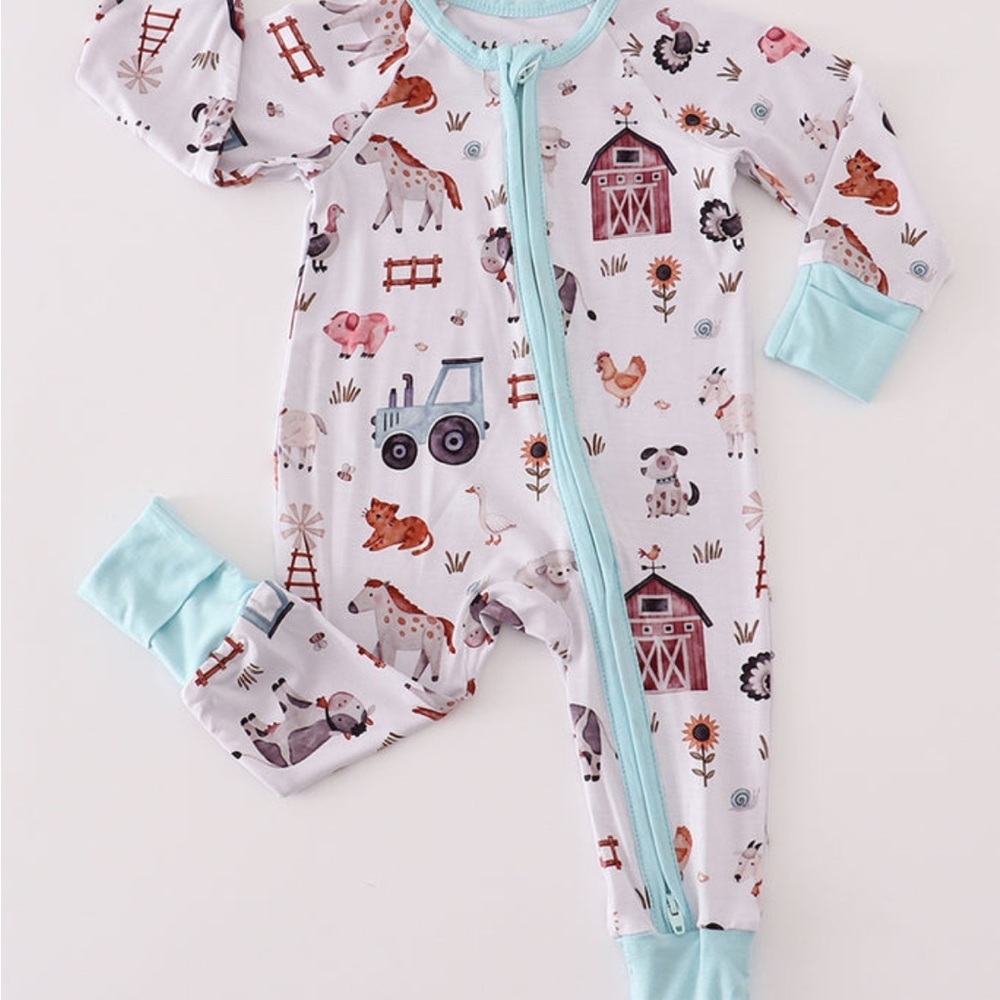 Farm  Family Animals Blue Pajamas Bamboo Romper Footed Sleeper Baby Boy